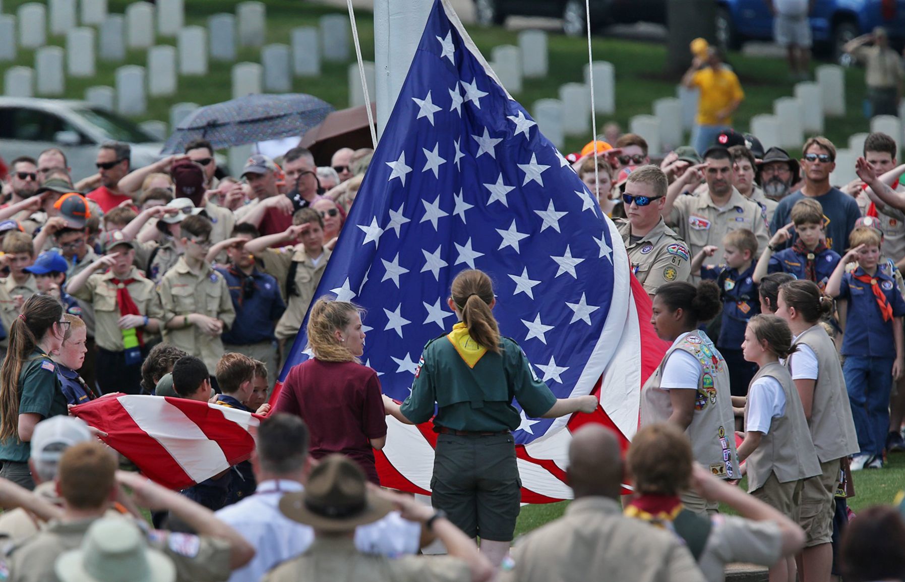 Scouts place flags in Jefferson Barracks for Memorial Day